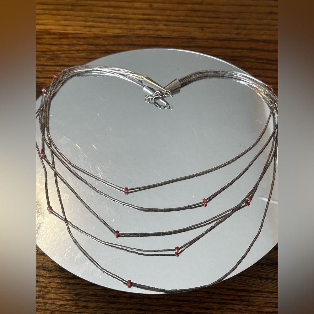 Carolyn Pollack Navajo vtg Sterling Silver Coral 5 strand liquid silver necklace